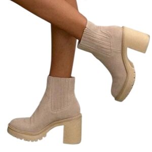 Dolce Vita Celia Ankle Boot Block Heel Pull On Suede Gray Bone Comfy Thick Heels
